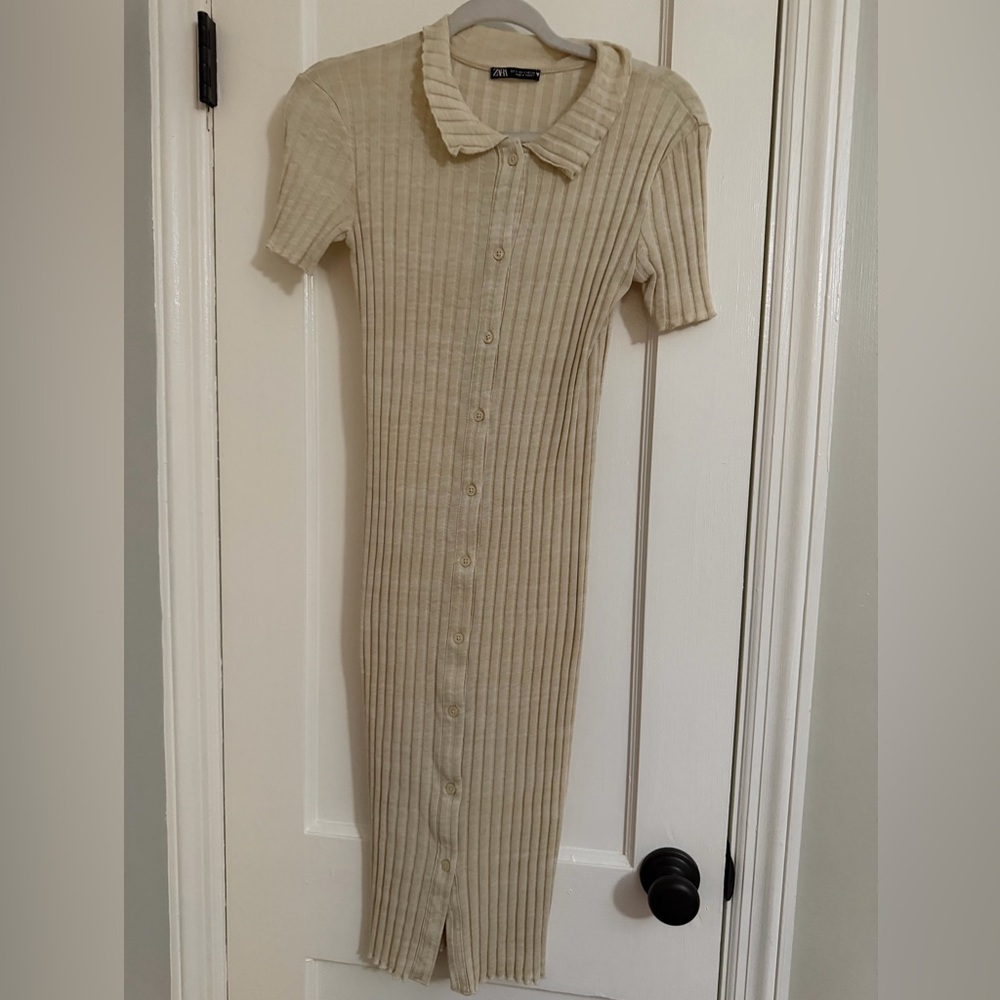 Zara Cream Ribbed Collared Top
